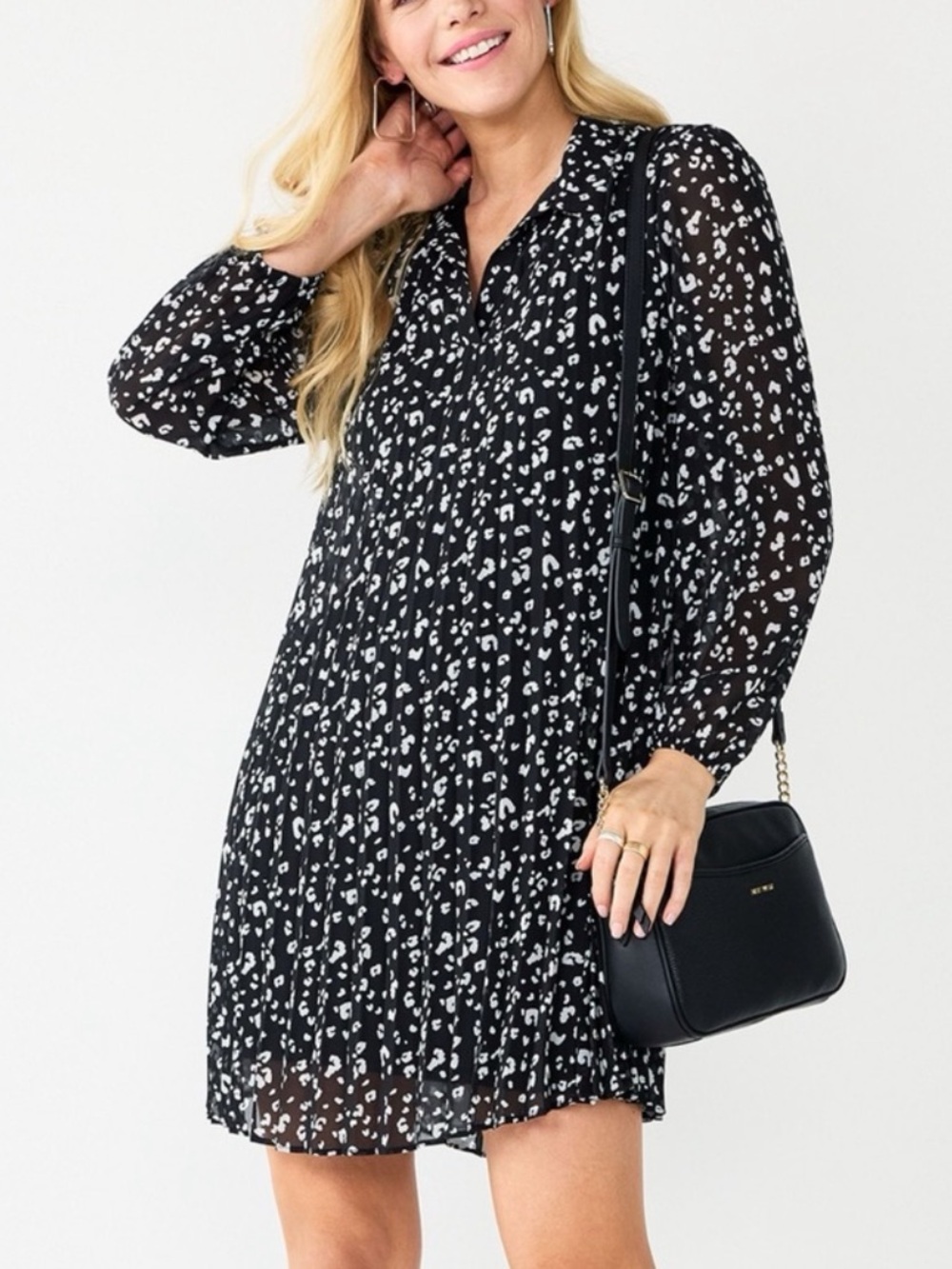 Nine West Georgette Collar Pleated Black and White Animal Print Dress, Size XXL